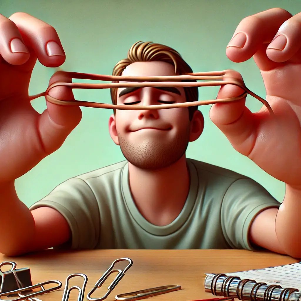 DALL·E 2024-11-28 13.51.20 - A lighthearted and relatable scene showing a person gently attempting to stretch a thin, dollar-store rubber band as far as possible without it snappi DALL·E 2024-11-28 13.51.20 - A lighthearted and relatable scene showing a person gently attempting to stretch a thin, dollar-store rubber band as far as possible without it snappi
